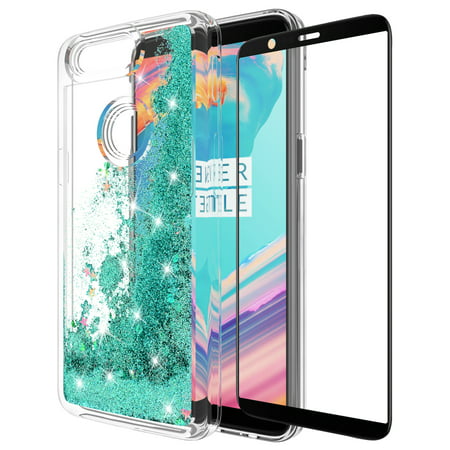 OnePlus 5T Case With Tempered Glass Screen Protector, KAESAR Quicksand Glitter Sparkly Bling Cute Liquid Shiny Luxury Clear Soft TPU Bumper Protective Cover for OnePlus 5T