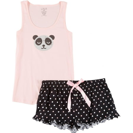 

Lala Sleepwear Juniors Panda Dot Pajama Shorts Set Large Black/pink