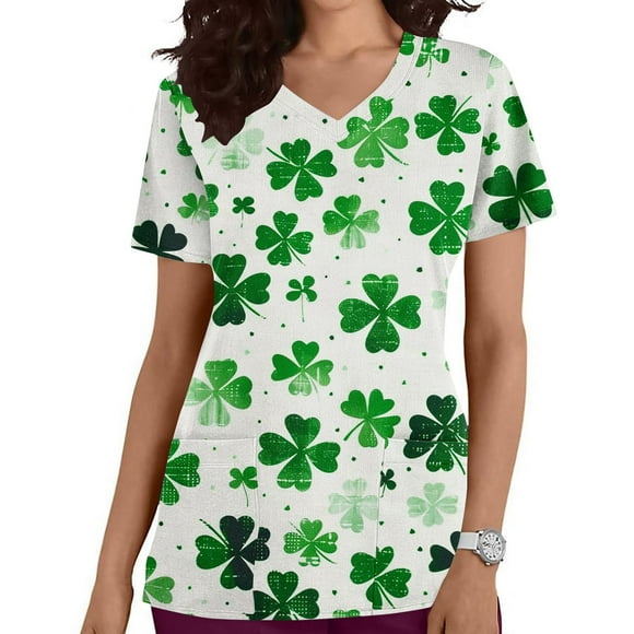 Vmvidoty Women's St. Patrick's Day Print V-Neck Top - Short Sleeve Pocket Work Shirt ST PATRICKS SALE 50% OFF LIMITED STOCK