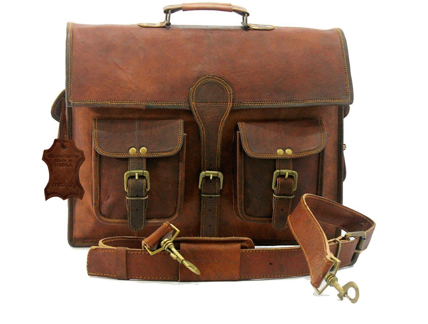 Madosh Genuine Leather Office Briefcase Laptop Messenger Bag Mens