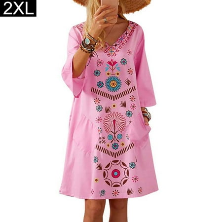 

BESTHUA Women V-neck Short Sleeve T-shirt Dress Breathable Loose Swing Dress Printed Fashion Romper Dress