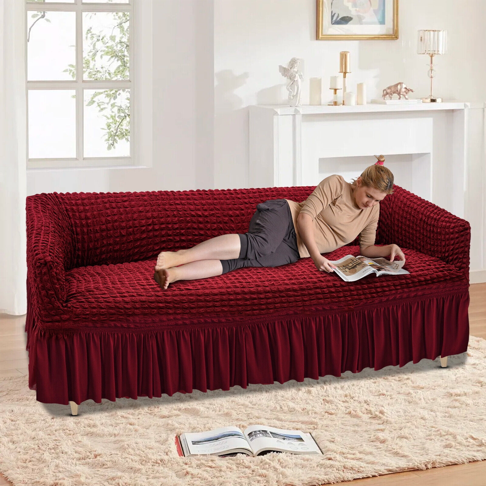 Durable Sofa Couch Cover with Skirt, High Elastic Sofa Slipcover, Stretch Slipcover Universal High Elastic Furniture Protector (Wine Red)