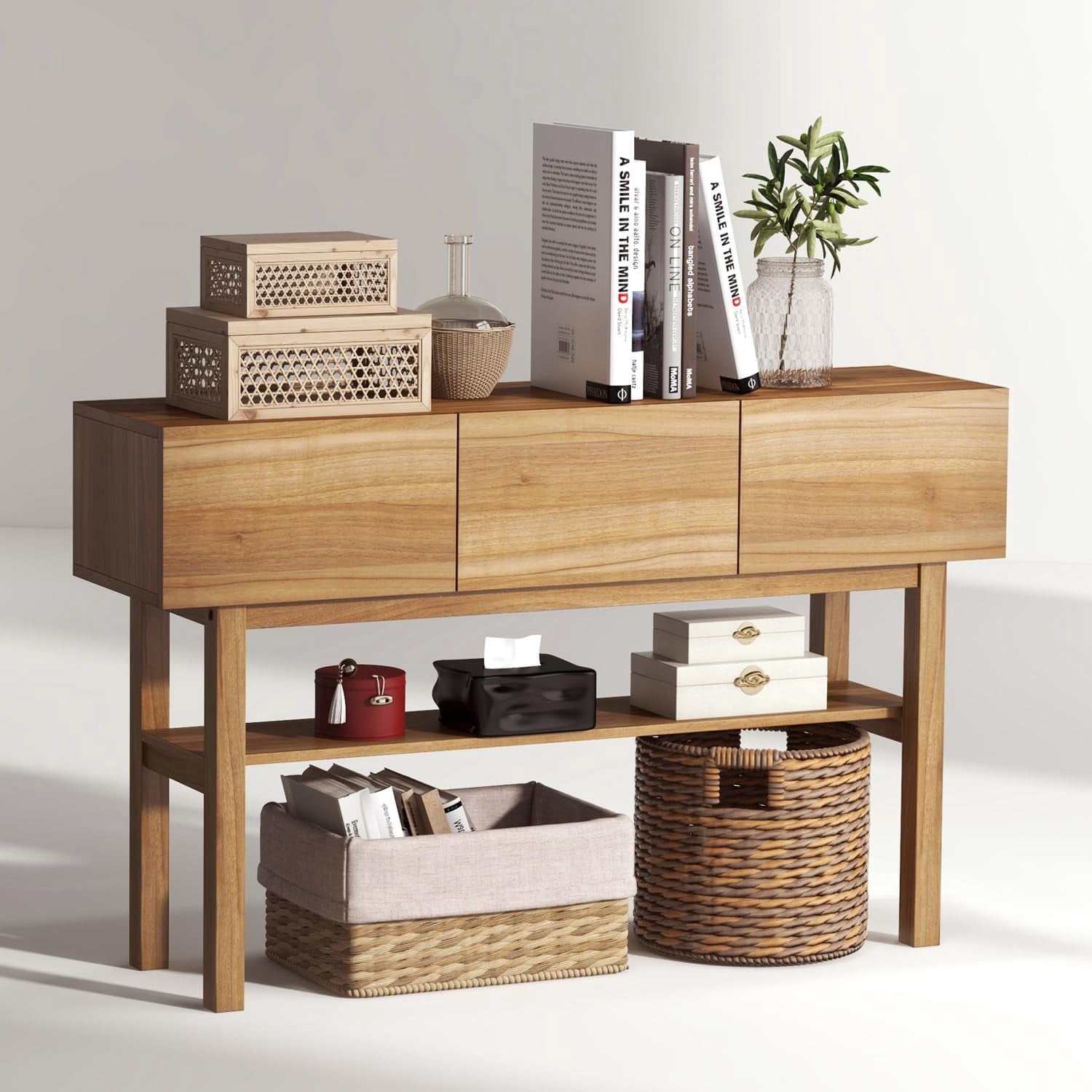 LAZZO Wood Console Table with 3 Drawers, 2-Tier Storage Shelves, Rustic Entryway Sofa Table for Living Room, Hallway & Foyer, Brown