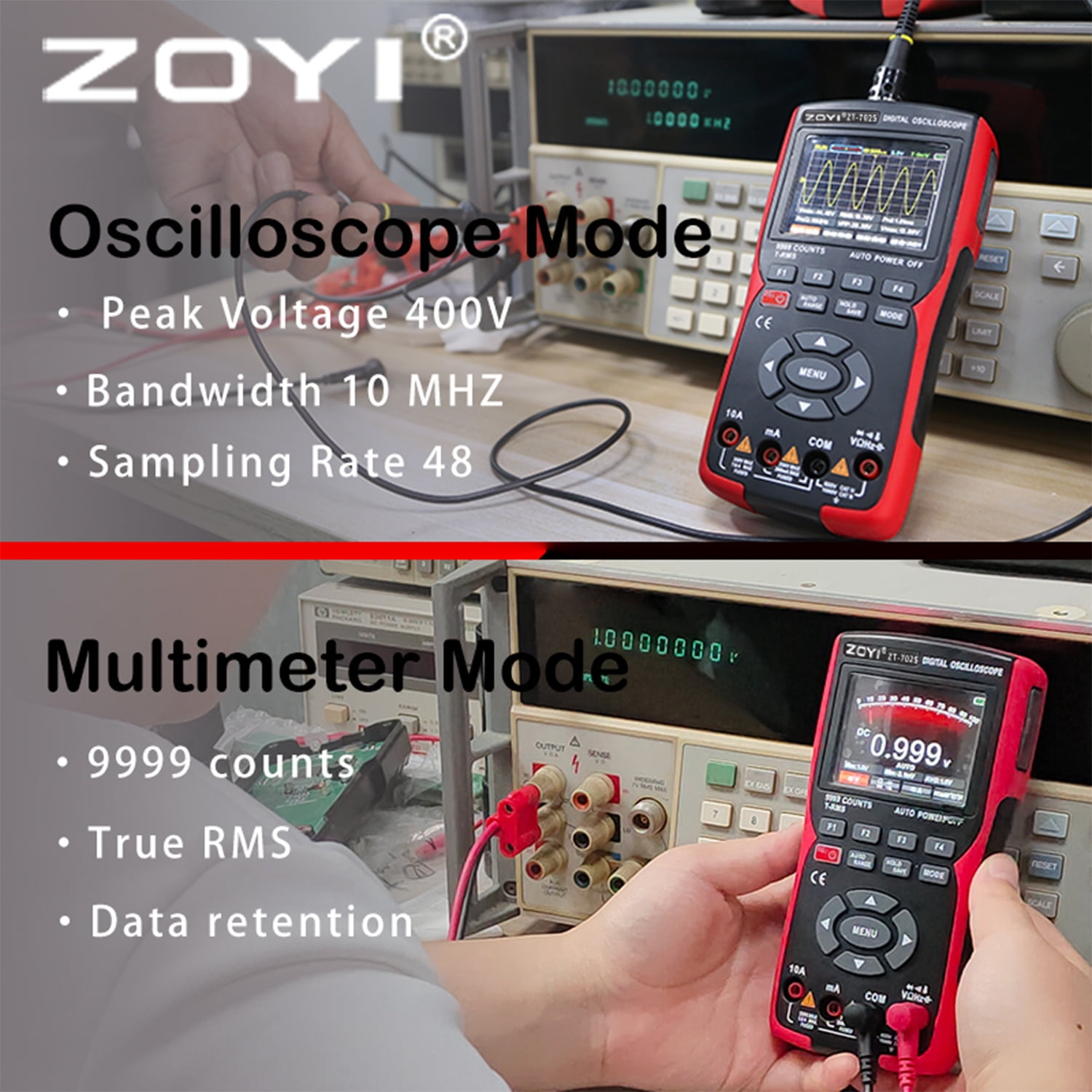 702S 2 n 1 oscilloscope multimeter, 10MHz Bandwidth, 48MSa/s Sampling, 2.8" IPS Display, USB Type-C Rechargeable, 9999 Counts T-RMS for Voltage and Waveform Testing