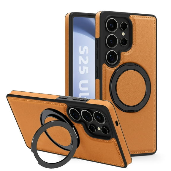 Leather Case for Samsung Galaxy S25 Ultra, Compatible with Wireless Charging, 360 Spin Magnetic Stand Shockproof Protective Magnetic Case, Military Protection for Samsung S25 Ultra, Brown