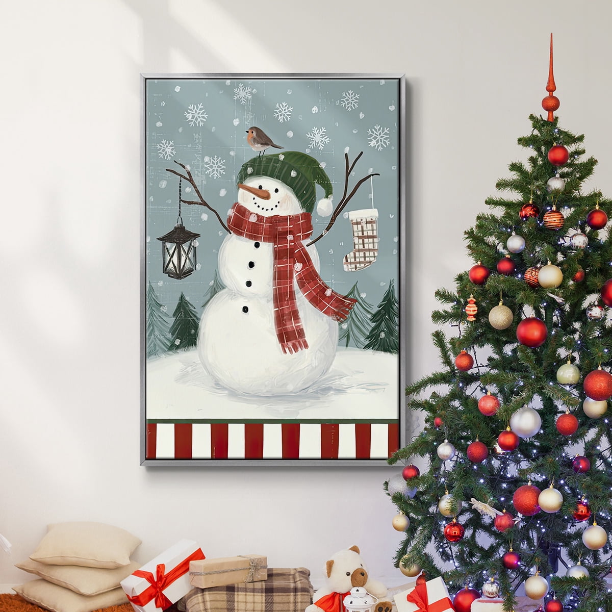 Jolly Snowman Collection B - Framed Gallery Wrapped Holiday Canvas - 27 x 41 - Silver Frame