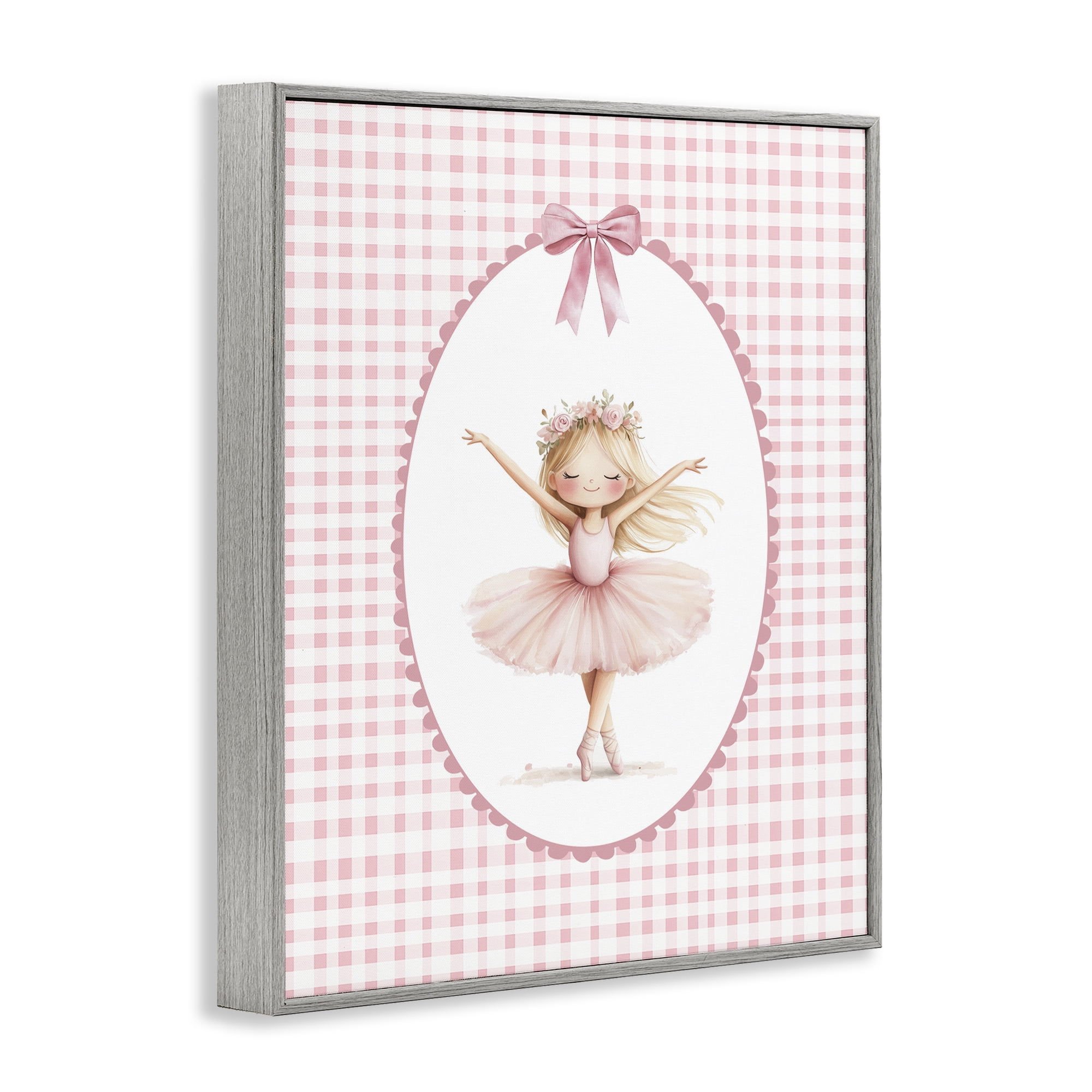 Ballerina on Pink Checkered Gray Framed Giclee Art, design by Christine Simpson Art