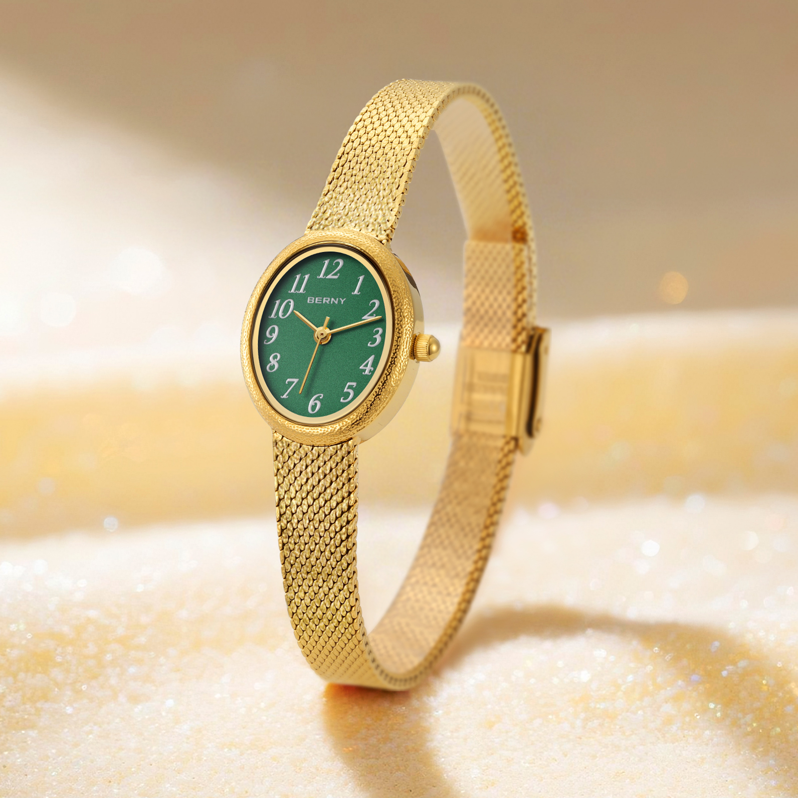 BERNY Small Gold Watches for Women, Dainty Easy to Read Oval Dial, Vintage Stainless Steel Bracelet Watch, Adjustable Mesh Band, Waterproof, Luxury Ladies Analog Quartz Wrist Watch Gifts (Green)