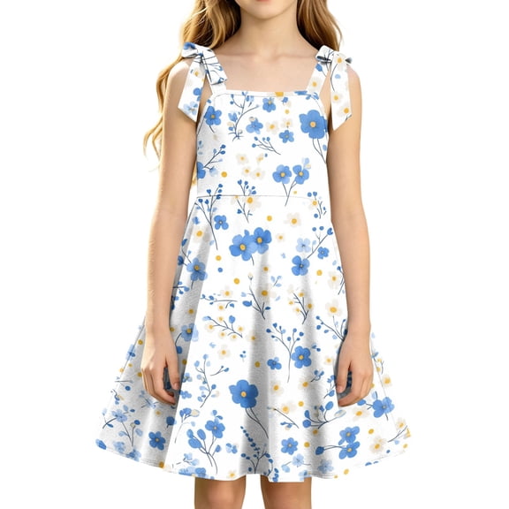 Grblisyd Dresses for Girls Bow-Tie Straps Square Neck Party A‑Line Dress Cute Floral Printed Sleeveless Beach Sundress