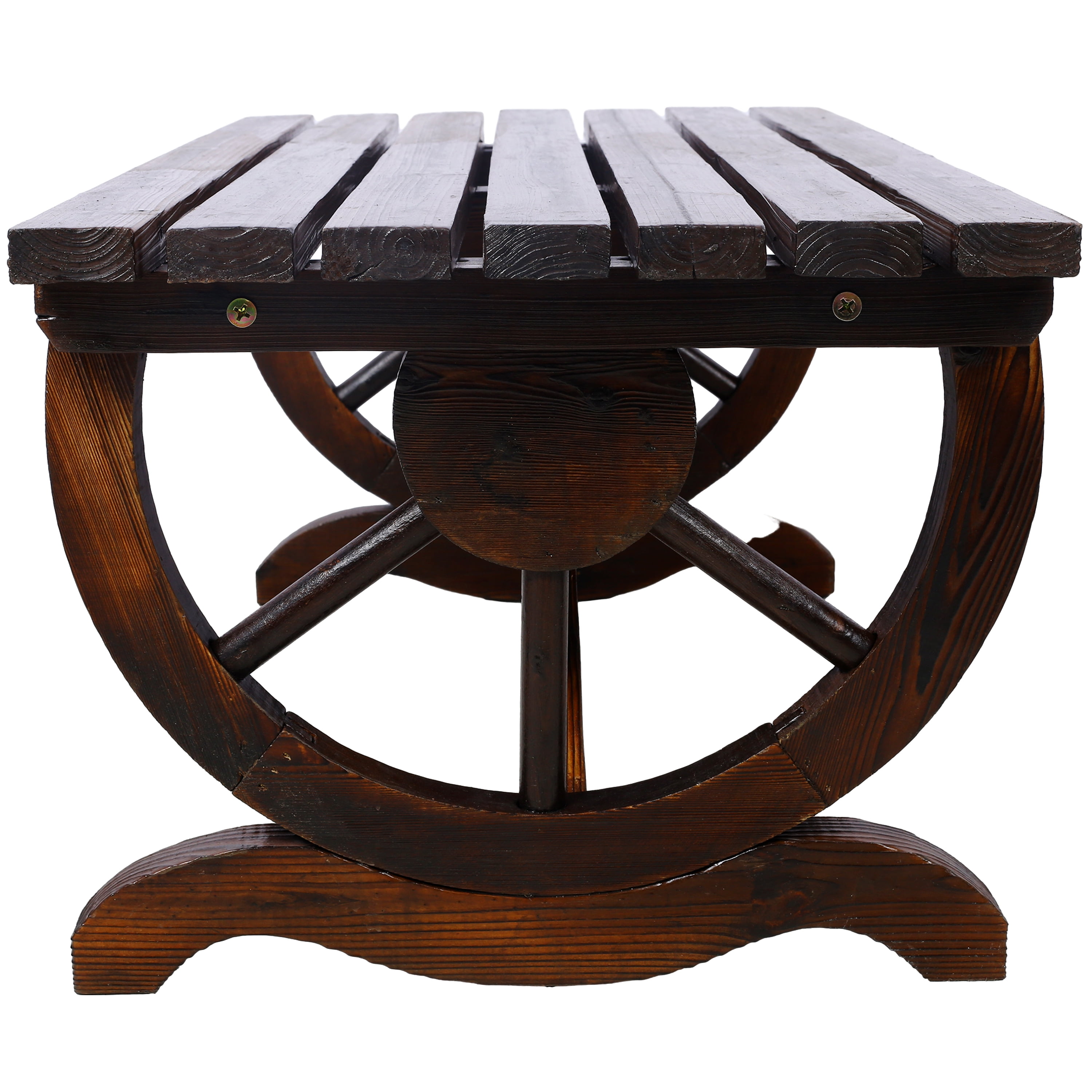Outdoor Rustic Wooden Bench with Wagon Wheel Legs, 2 People Outdoor Bench Garden Bench Front Porch Furniture Patio Lawn Yard Park, Indoor and Outdoor Decor