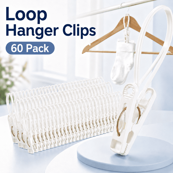 MORAVE 60 Pack White Multi-Purpose Plastic Laundry Hanging Clips with Rope, Closet Wardrobe Kitchen Bathroom Organizer for Pants Hat Sock Boot Bra Towel