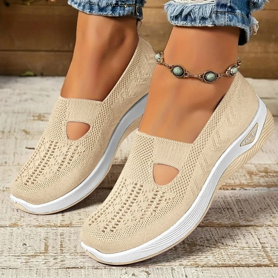 Women's Woven Orthopedic Breathable Soft Shoes Arch Support, Slip-On Lightweight Flat Soft Shoes Diabetic Foam Walking Shoes