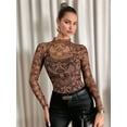 thumbnail image 2 of Womens Mesh Long Sleeve Tops Mock Neck Going Out See Through Shirts Sheer Blouses Clubwear Coffee Color XXL, 2 of 8
