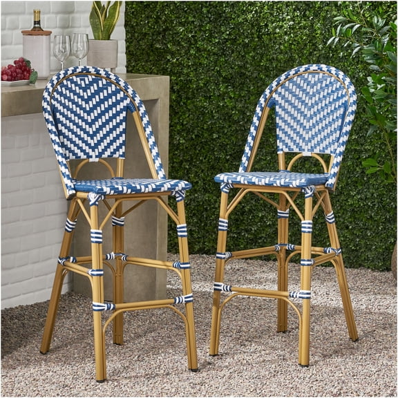 JERFIT 29.5 Inch Outdoor Bar Stools Set of 2, Navy Blue & White PE Wicker Barstools with Rust-Proof Aluminum Frame for Patio, Bistro, Garden