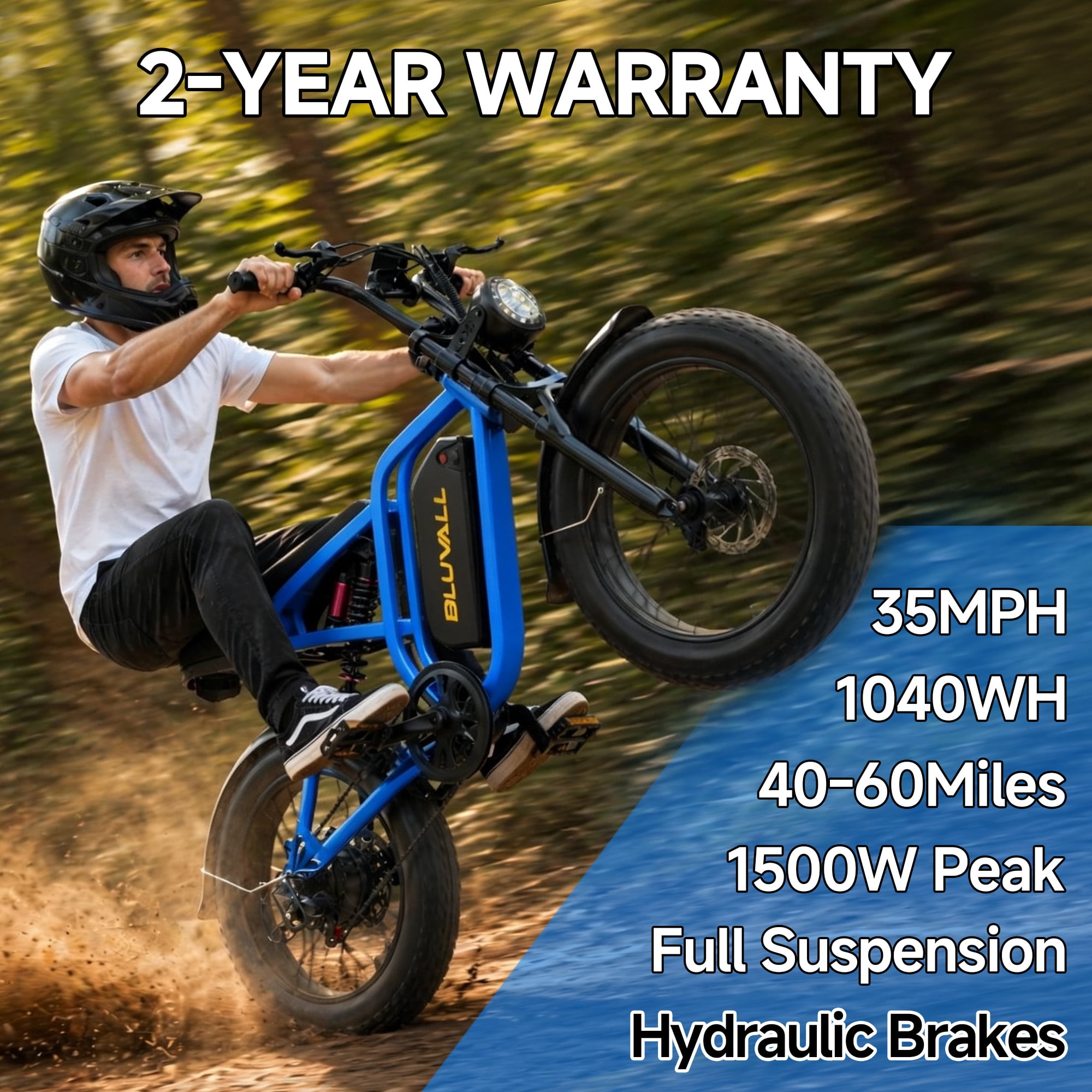 Bluvall SU8 PRO Electric Bike, Peak 1500W 35MPH, 52V 20Ah Ebike for Adults, 20" Fat Tire E-Mountain Bikes, Full Suspension UL2849 - Blue