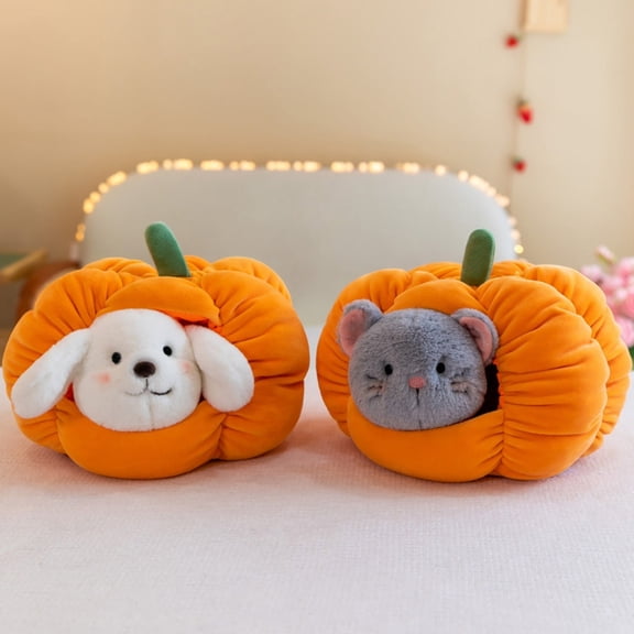 2PCS Halloween Pumpkin Cat Stuffed Animal, 9.84 in Pumpkin House And Cat Plush Toys Set, Halloween Indoor Decoration for Sofa Bedroom, Trick Or Treat Halloween Party Gift (Gray)