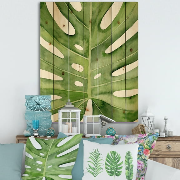 Designart 'Close Up Green Monstera Leaf Tropical Palm' Tropical Print on Natural Pine Wood