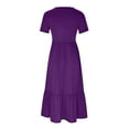 thumbnail image 4 of ZZwxWA Summer Dresses for Women Short Sleeve Casual High Waist Pleated Loose Fit with Pocket Swing Flowy Summer Vacation Beach Party Evening Club Solid Long Dress Round Neck Dresses Purple L, 4 of 7