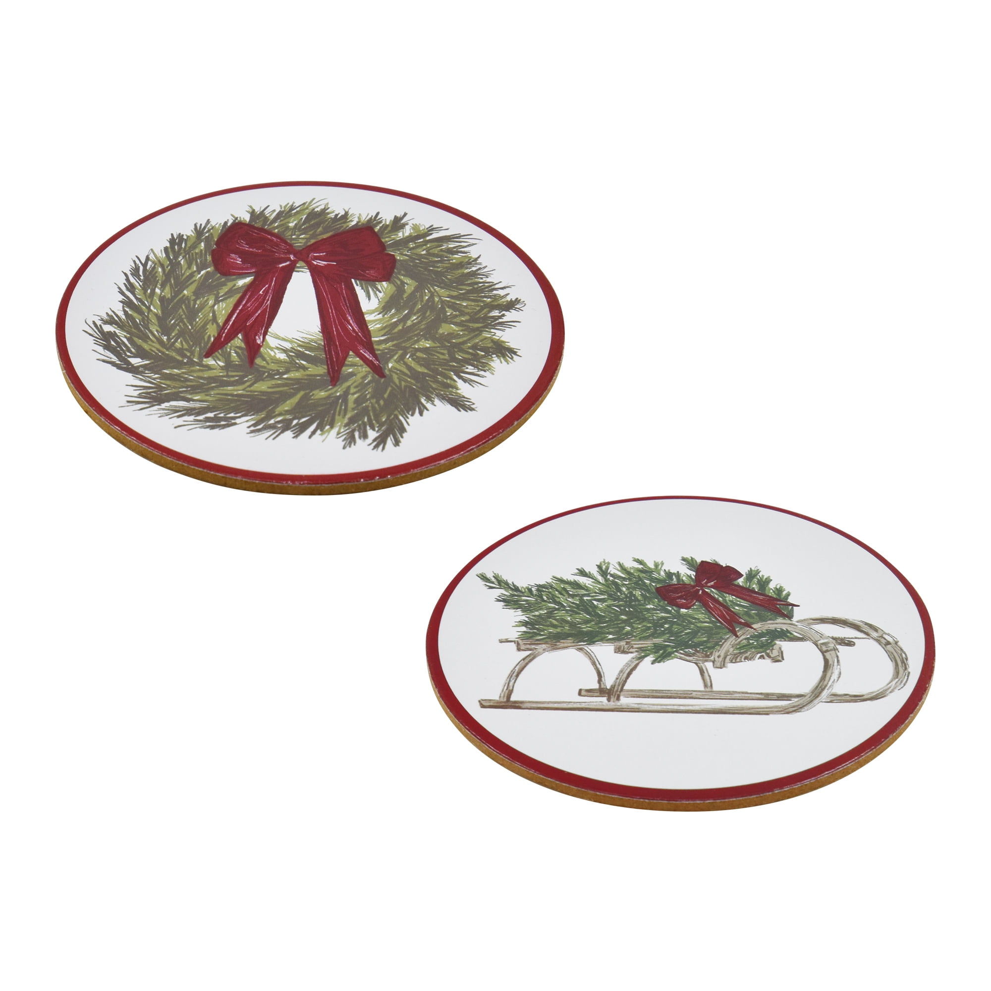 Holiday Time Lot de 4 dessous de verre ronds en liège isolant thermique avec couronne de Noël et guirlande, protection de table