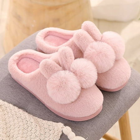 

uikmnh Women Shoes Couples Women Slip On Furry Plush Flat Home Winter Round Toe Keep Warm Cartoon Rabbit Ear Slippers Shoes Pink 7.5
