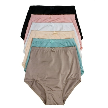 Satin Hip Brief - Women's 6 Pack Solid Satin High Waist Full Coverage Brief Underwear (S)