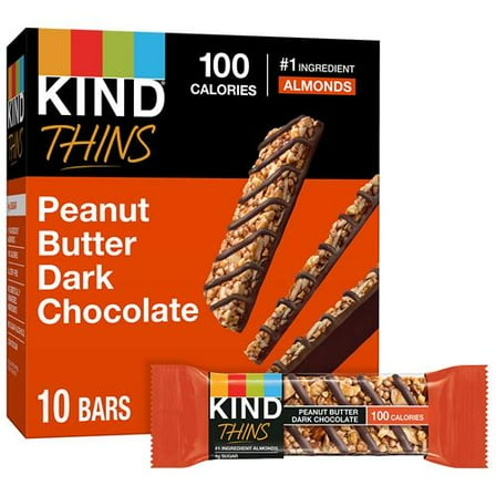 Kind Thins Peanut Butter Dark Chocolate Bars, Gluten Free, 100 Calories, 0.74 Oz Bars, 10 Count - Pack of 2