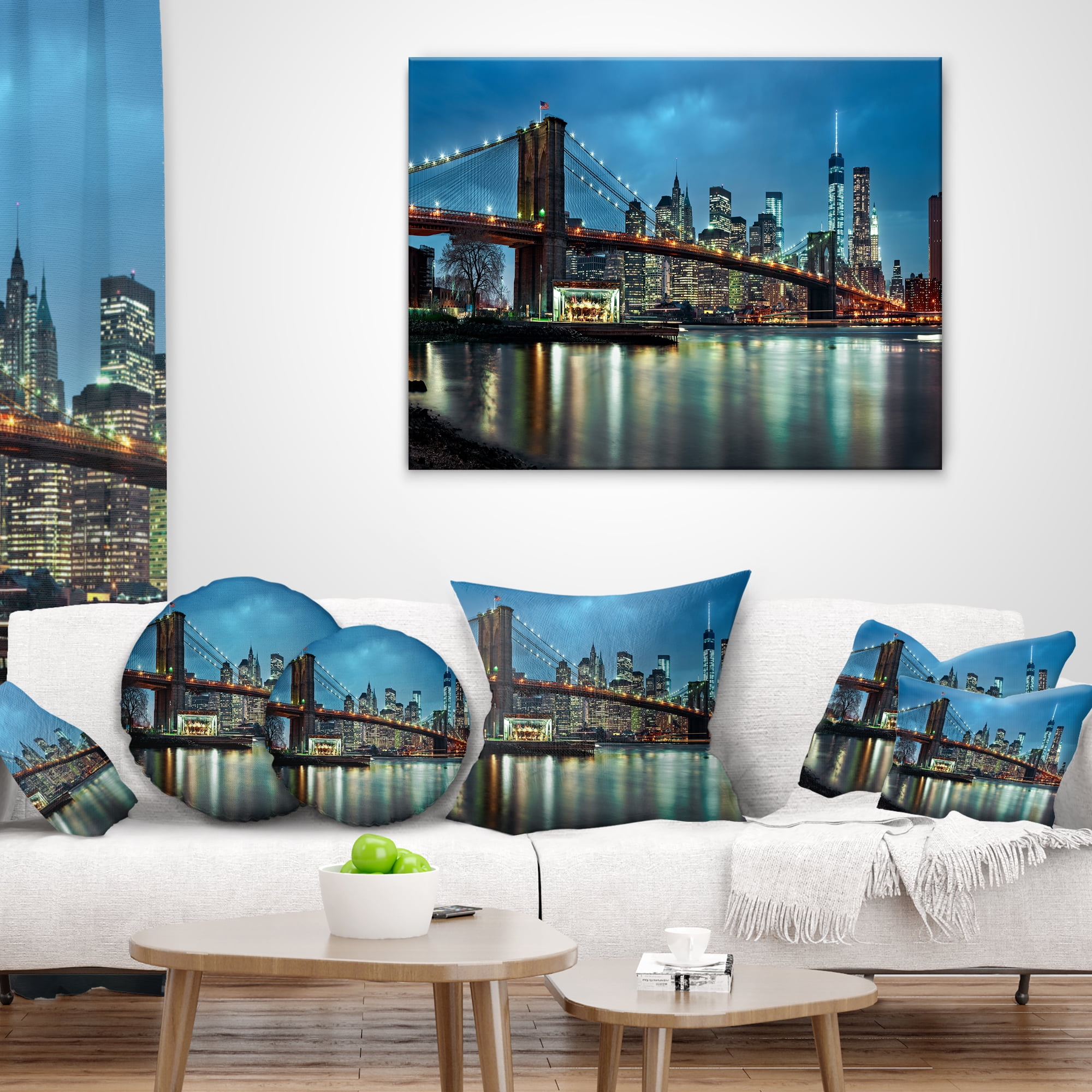 Designart Brooklyn Bridge and Skyscrapers - Cityscape Throw Pillow - 16x16