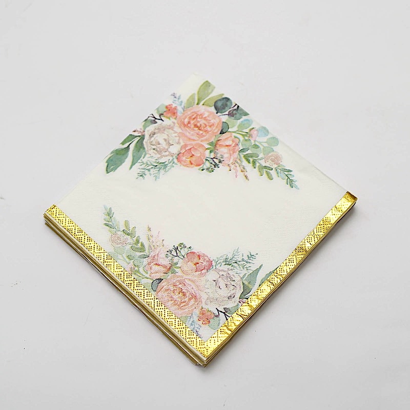 BalsaCircle 20 White Gold 13x13 in Dinner Paper Napkins Pink Peony Flower Design Party Events