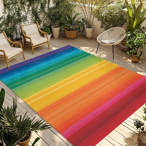 Rainbow Striped Outdoor Rug for Patio/Deck/Porch, Non-Slip Large Area Rug 4 x 6 Ft, Colorful Gradients Modern Abstract Art Indoor Outdoor Rugs Washable Area Rugs, Reversible Camping Rug Carpet Runner
