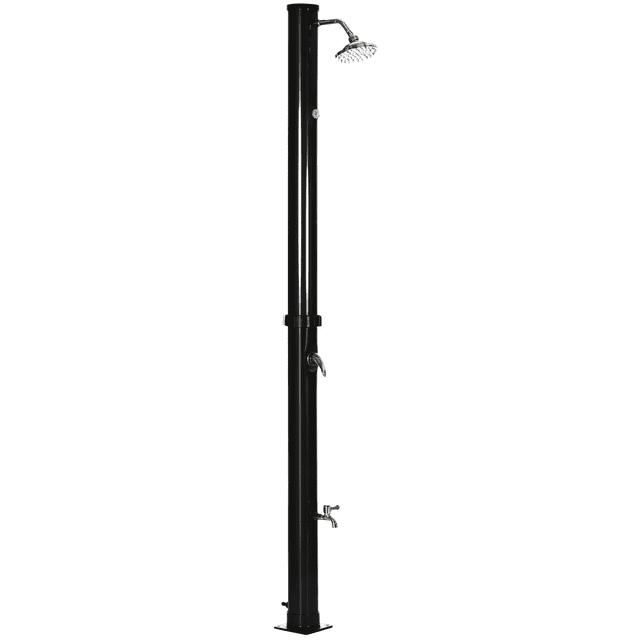 7.3ft Black Solar Heated Outdoor Shower - 5.3 Gallon Backyard Poolside Shower w/ Temp Display & Foot Rinse - Durable Zinc Alloy Design