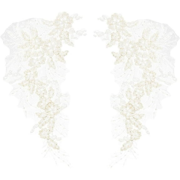 2Pcs 3D Sequin Flower Applique 15.7 x 9.1 Inch Beige Polyester Glitter Floral Beaded Embroidery Sew on Patch Collar Decoration Lace for Wedding Costume Dress Sewing DIY Clothing Supplies
