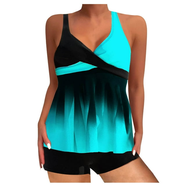 RKSTN Maillot de Bain pour Femmes Conservateur Ample Grande Taille Tankini Maillot de Bain pour Femmes Col Rond Sans Manches Hauts de Tankini avec Short Garçon Ensemble Deux Pièces, P-5TG