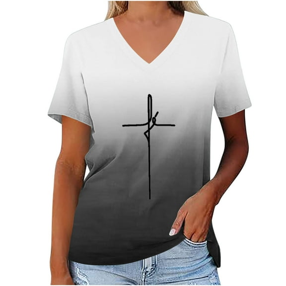 OKBOP Ladies Tops and Blouses Black Gradient V-Neck Short Sleeve Crucifix T-Shirts Womens Shirts