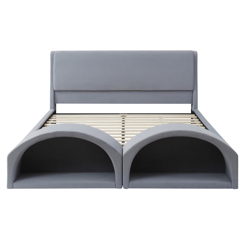 Queen Size Upholstered Platform Bed with LED Lights, Velvet Kids/Teens/Adults Low-Profile Bed Frame with Pet Nests at Footboard