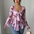 thumbnail image 5 of Tmtolofot Chiffon Tops for Women Front Bow Tie Tunic Tops Ruffle Hem Long Sleeve Shirts V Neck Floral Print Peplum Blouses Fashion Trendy Sexy Outfits 2026 Vacation Elegant Tee Top|Pink|S, 5 of 8