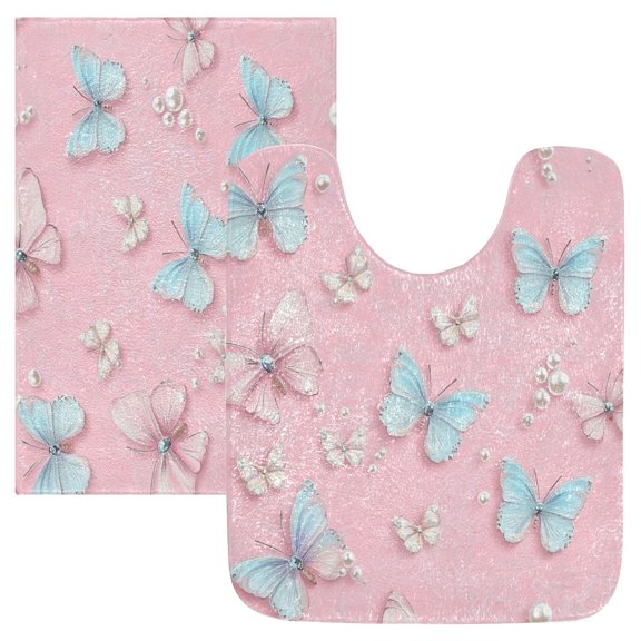2 Piece Soft Bathroom Rug Set Pink and Light Blue Butterflies Bath Mat and U-Shaped Toilet Contour Rug (16"x24" 20"x24")