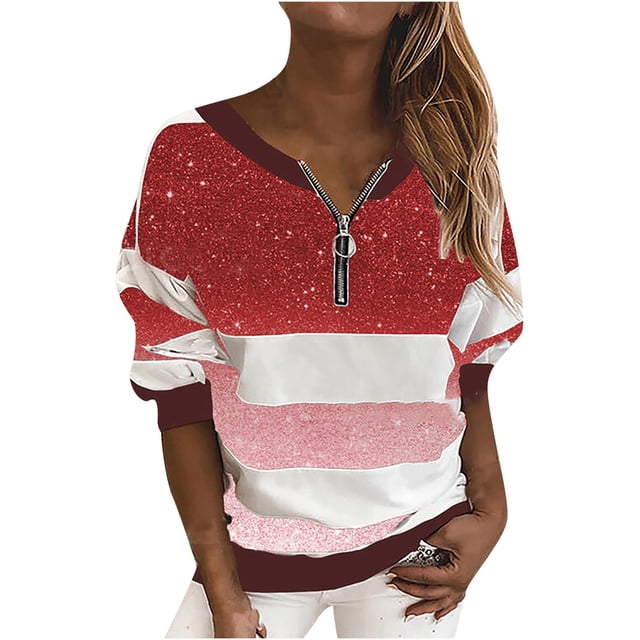 Pompotops T-Shirt Décontracté à Manches Longues Col en V Rayé avec Fermeture Éclair Imprimé pour Femmes