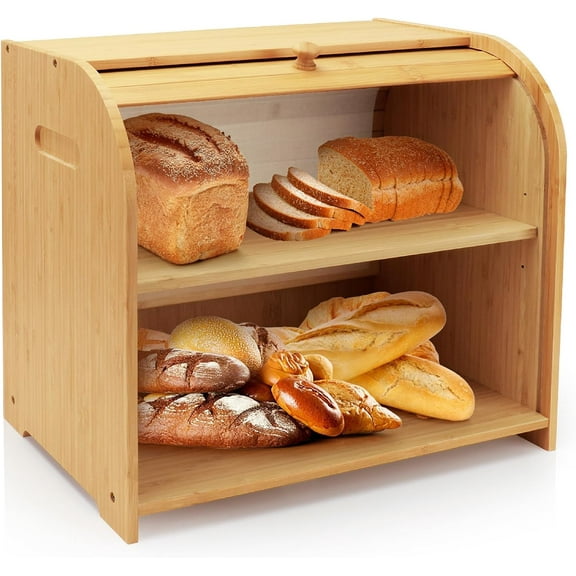 Bread Box for Kitchen Countertop, Double Layer Bamboo Bread Storage Container for Homemade Bread, Roll Top Bread Box with 3 Adjustable Height for Kitchen Counter, Natural Breadbox Organizer