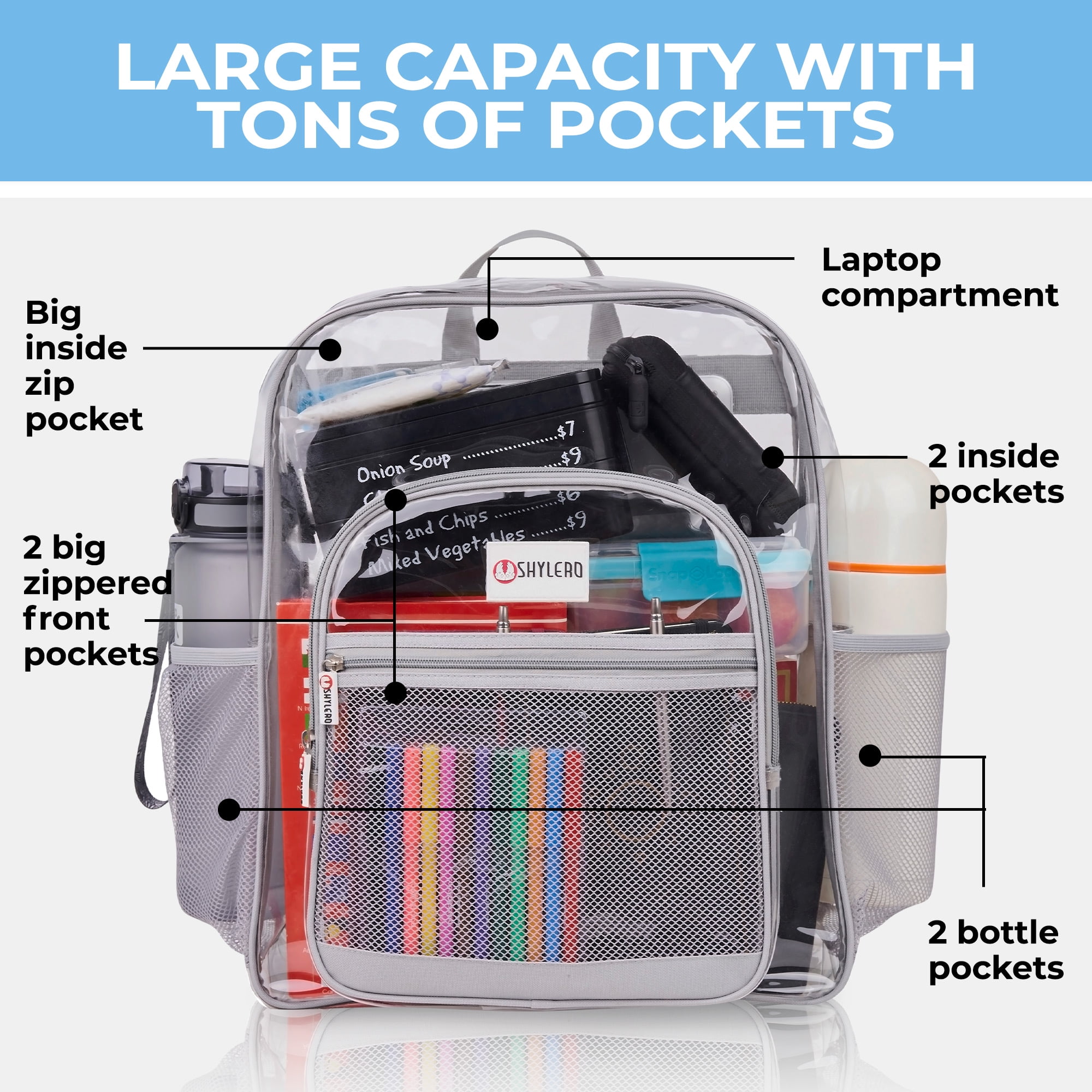 Clear Backpack For Work and School XL (32 L) | TSA Lock | 2-WAY Zip | Transparent PVC | H18