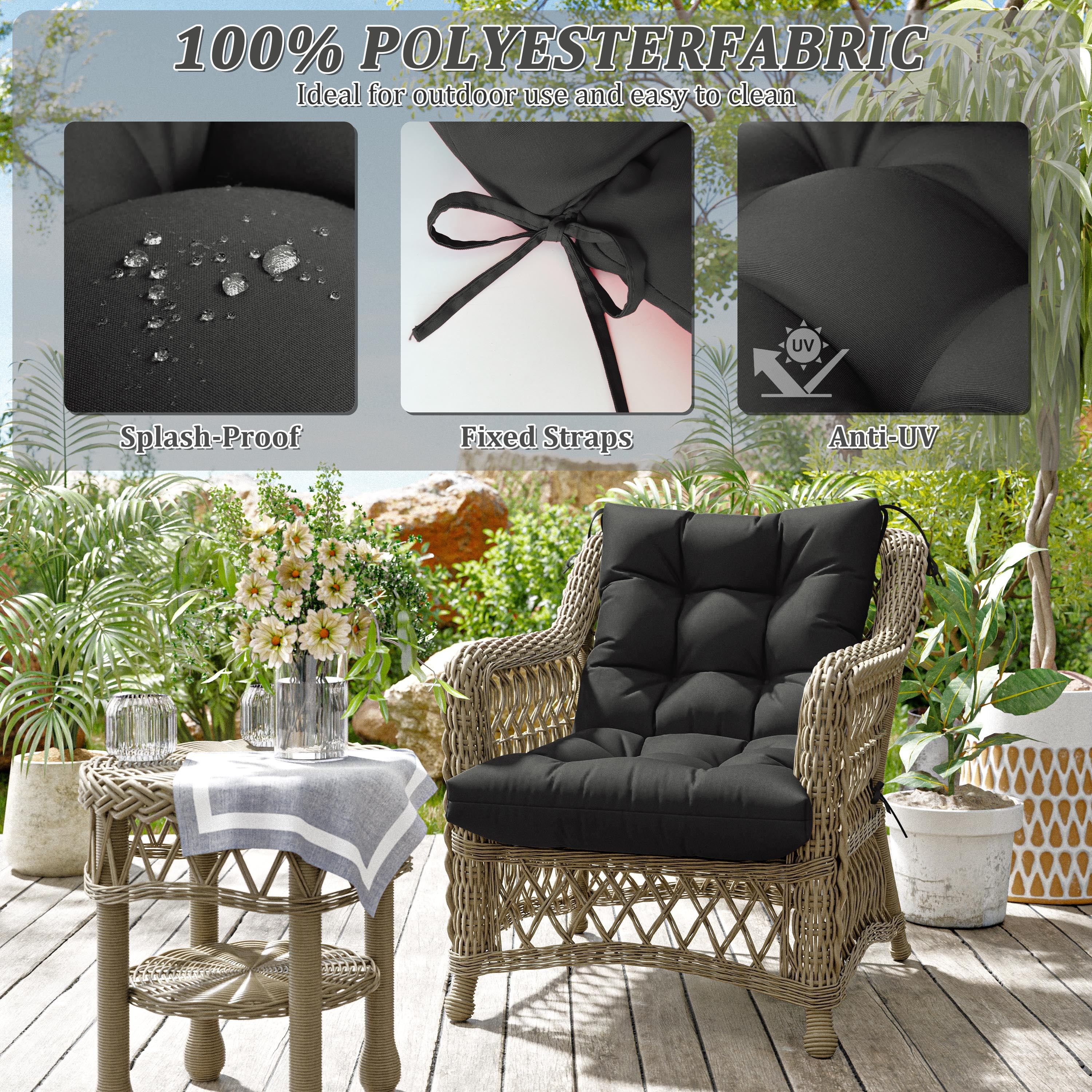 Pakunoda Chairs Cushions 42" X 21" Tufted Non Slip Pad Seat and Seatback 2 Set Cushion with Ties for Patio Outdoor & Indoor Rocking Chair, Black