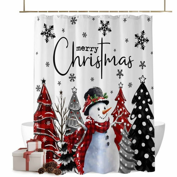 Christmas Shower Curtain Snowman Bathroom Curtains with Hooks, Waterproof Fabric White Buffalo Plaid Pine Tree Bath Shower Curtains Set for Bathroom Bathtubs Xmas Decor 72x72 Inch