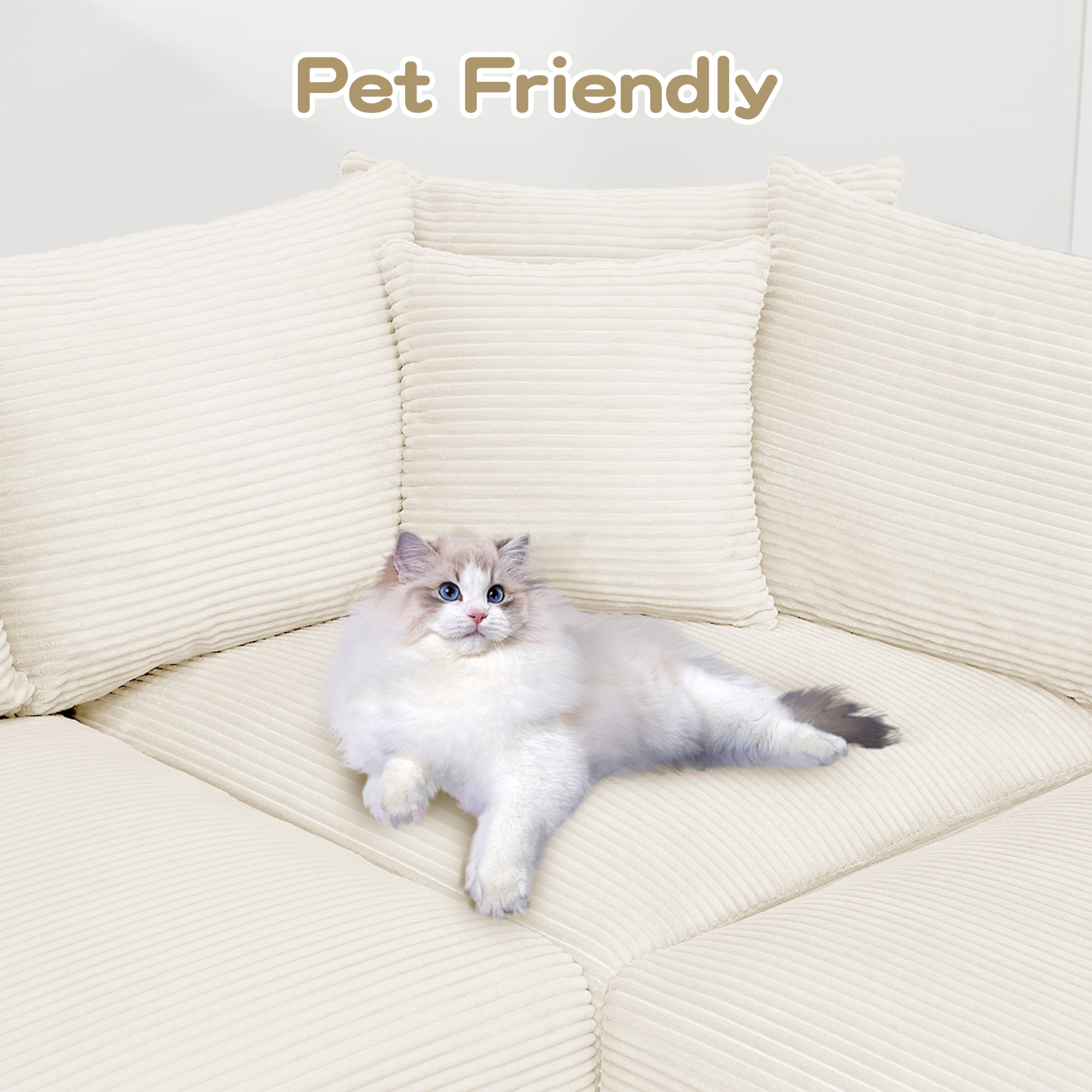 Anpport 130" Cloud Modular 3-Seater Beige Corduroy Sofa, Washable Removable Covers, Double-Layer Thick Cushions, Wide Armrest Small, Apartment