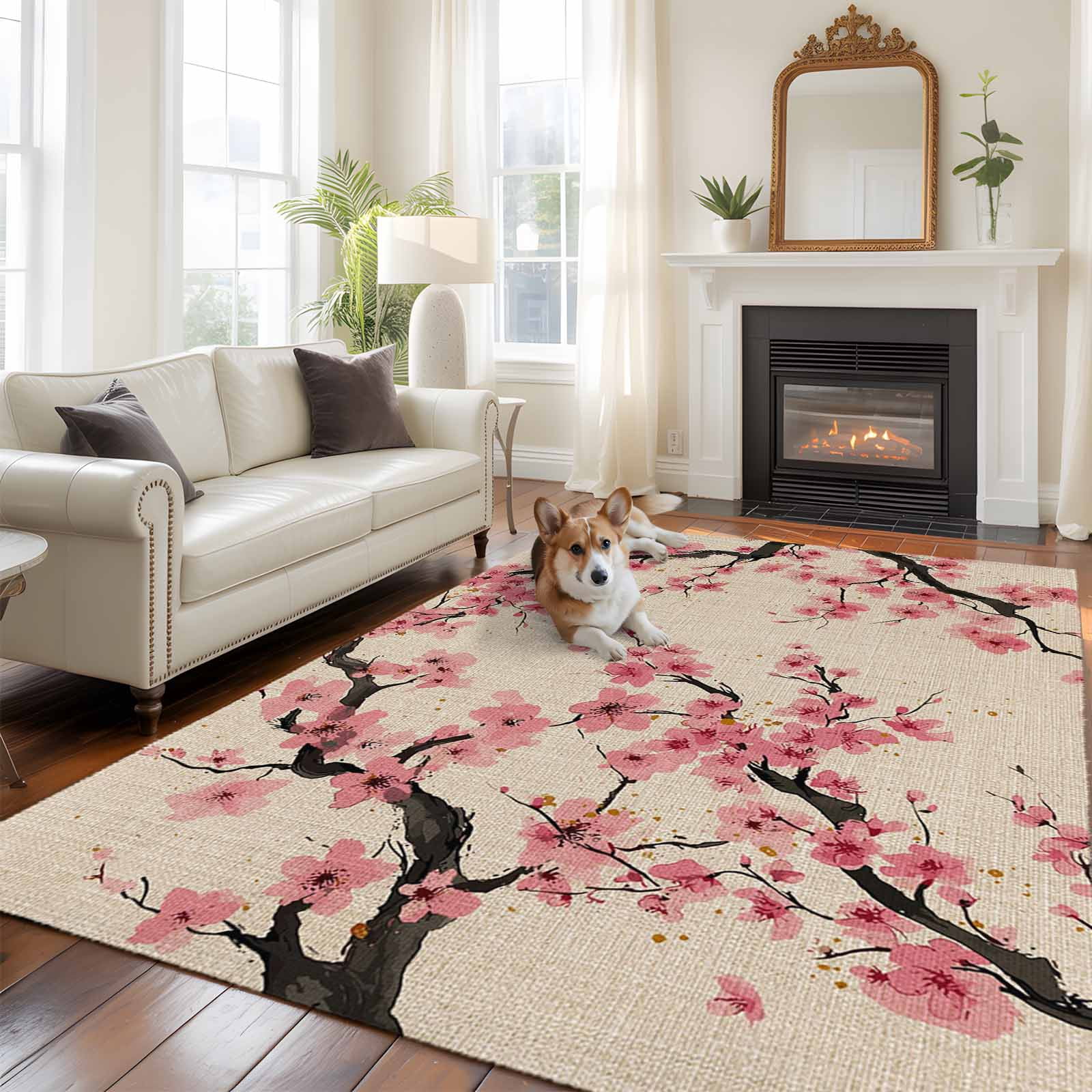 Large Area Rugs for Living Room Bedroom, Spring Flowers 6'x9' Rug Washable Carpet Runner Indoor Outdoor, Country Pink Peach Blossoms Botanical Floral Non Slip Floor Mats Rug for Kitchen, Playroom