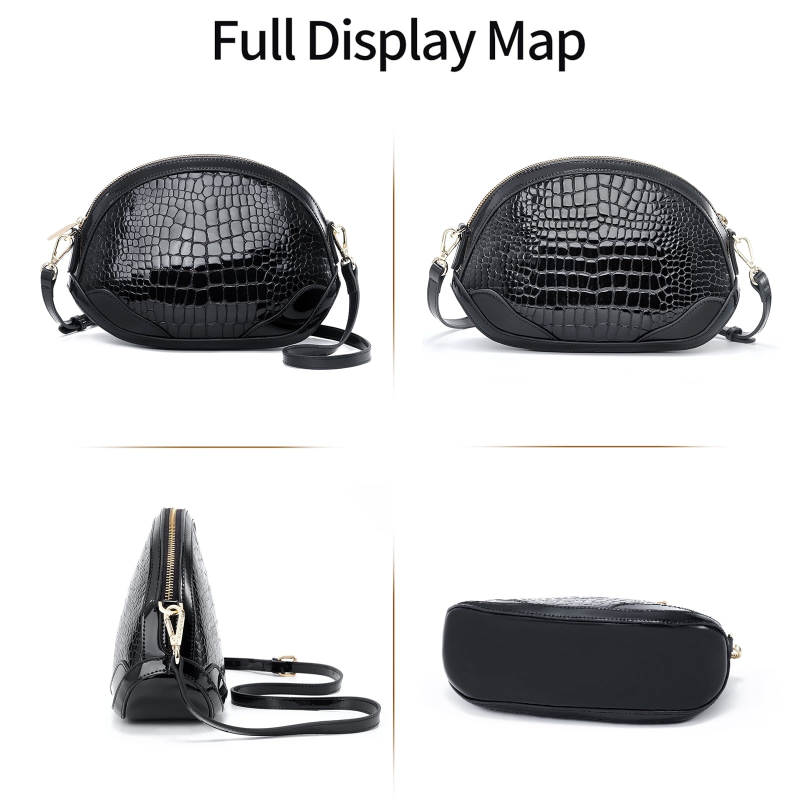FEIMINA Genuine Leather Crossbody Bag, Womens Black Tote Bag/Purse Lots Of Pockets, Crocodile Shoulder Bag, Designer Purses,  Lightweight Dome Tote (Black)
