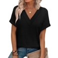 thumbnail image 3 of Womens Short Sleeve Sweater Waffle Knit Tops V Neck Spring Summer T Shirts Casual Blouses Outfits Black XL, 3 of 8