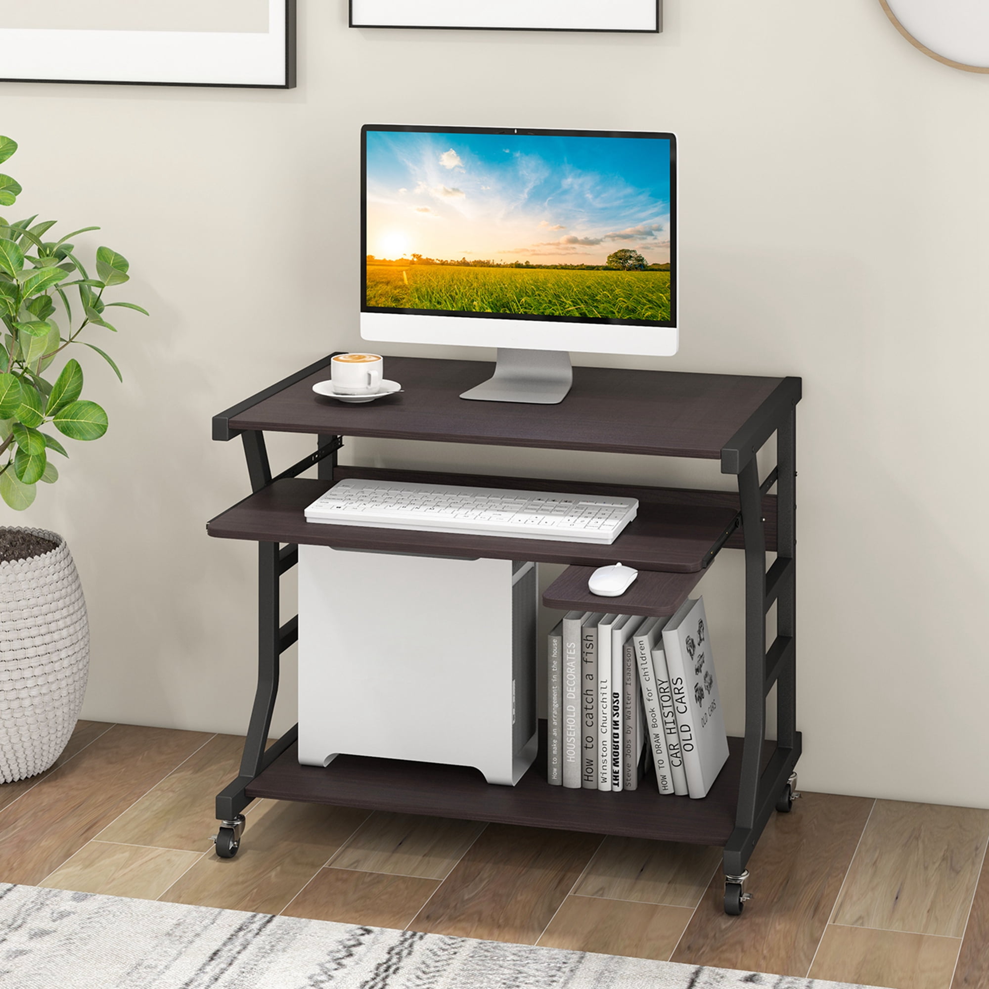 Costway 29.5'' Mobile Computer Desk Rolling Laptop Cart with Pull-out Keyboard Tray & Shelf