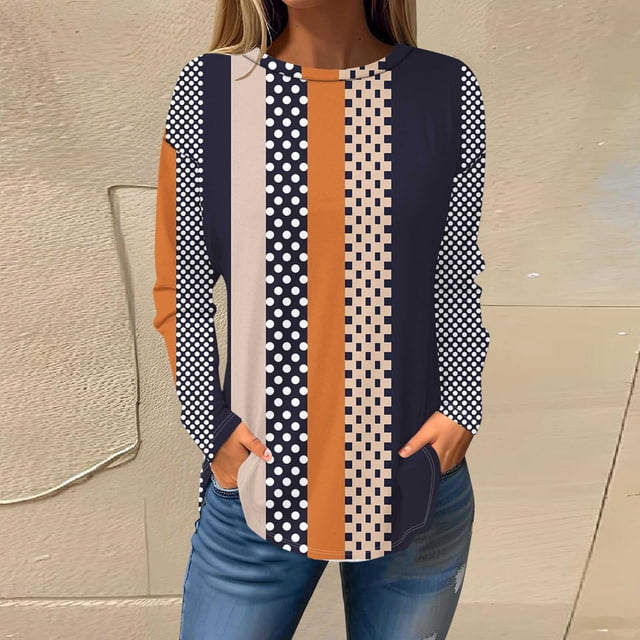 FcBaudy Hauts pour Femmes, Blouses et Chemises à Manches Longues et Col Rond, T-Shirts Imprimés Mode pour Femmes, Blouse Ample à Manches Longues Col Rond Décontractée en Polyester