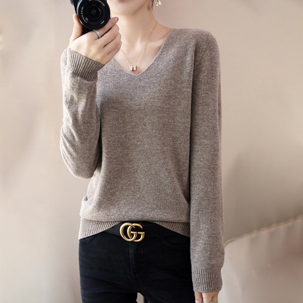Suéter de cuello en V para mujer, suéter suelto de color sólido, jersey sencillo, camisa base, ropa exterior, otoño nuevo, suéter de manga larga, top corto