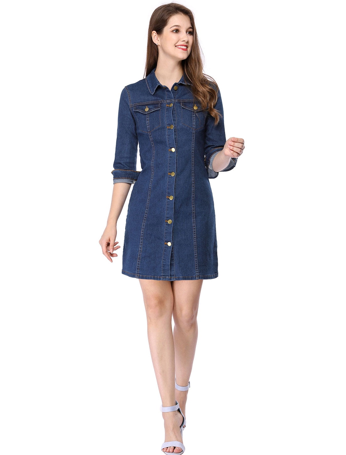 DARING DIVA 3/4 Sleeve Button Down Denim Shirt Dress S Blue