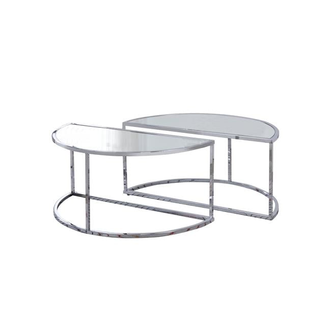 Half Moon Mirror Cocktail Table with Tubular Base, Set of 2, Chrome